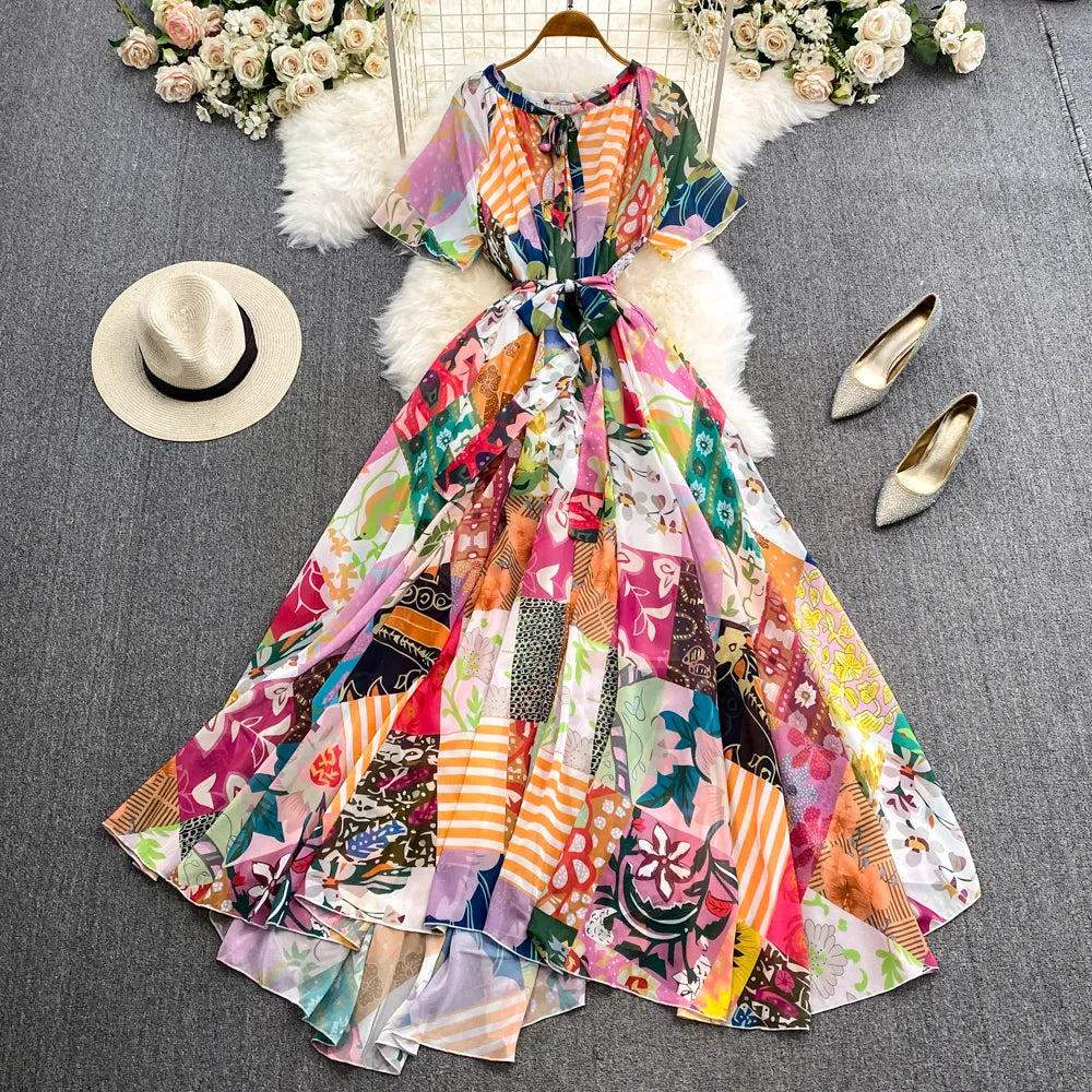 Casual Dresses Summer Bohemian Women Short Sleeve Sashes High Waist Oversize Chic Dress Fashion Floral Loose Pleated A Line Long Dress 2024