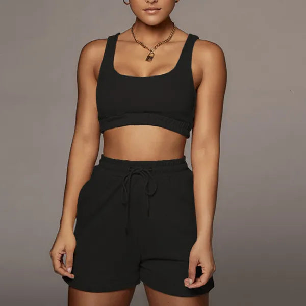 Women's Two Piece Pants Casual Solid Sportswear Two Piece Sets Women Crop Top And Drawstring Shorts Matching Set Summer Athleisure Outfits 230316