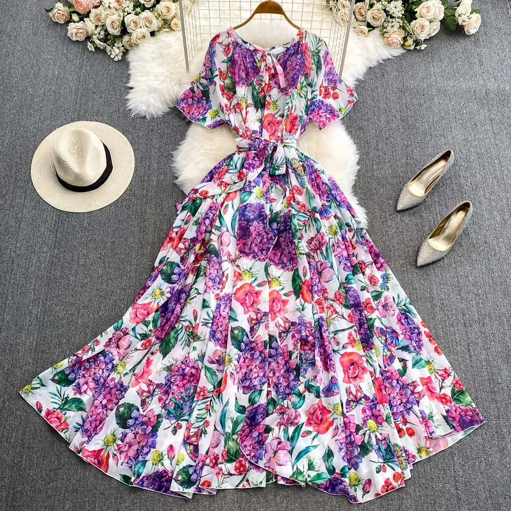 Casual Dresses Summer Bohemian Women Short Sleeve Sashes High Waist Oversize Chic Dress Fashion Floral Loose Pleated A Line Long Dress 2024