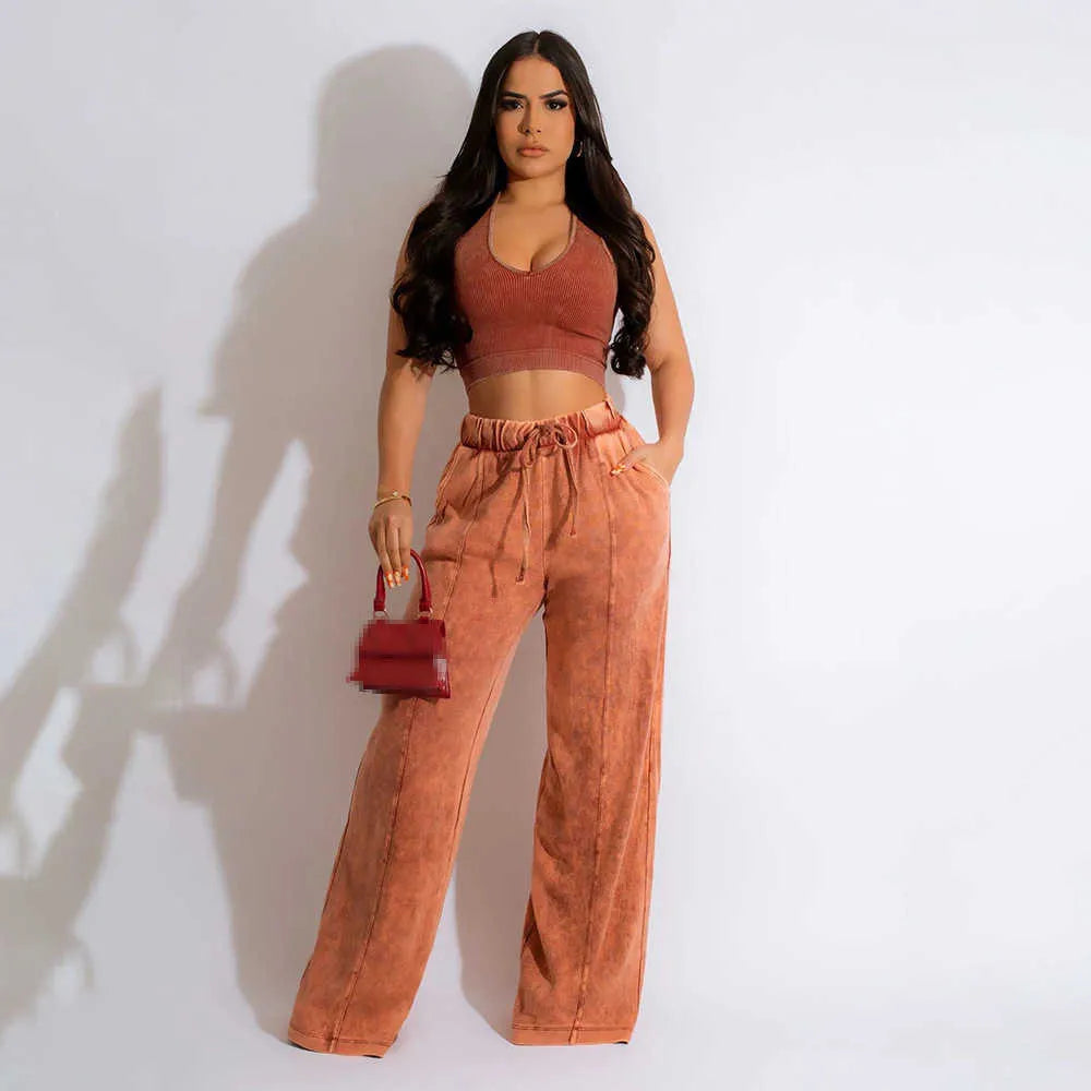 Women's Two Piece Pants Summer women's 2 piece new clothing in matching sets two pieces set woman clothes 2023 crop top pants outfits P230516