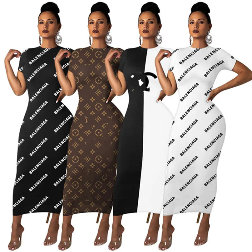 2024 Designer Dresses Summer Women Short sleeve bodycon maxi dress 2X Fashion black white panelled Print Skirt Sexy Night Club Party Wear Spring Clothes 2780-7