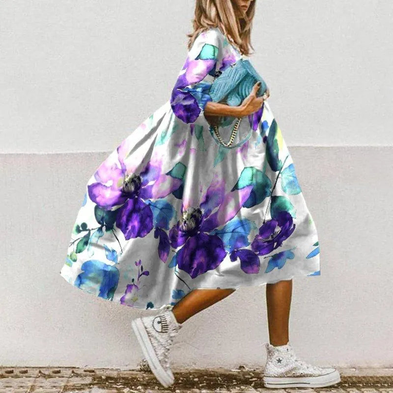 Casual Dresses 2023 Floral Print Oversized Women Elegant O Neck Half Sleeve A-Line Midi Dress Summer Boho Sundress Party Dreses Vestidos