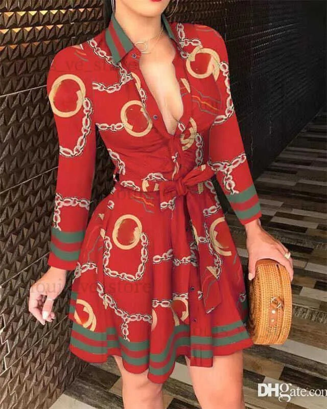 2023 Spring Casual Dresses Plus Size 3XL Women Lace Up Button Down Chain Printed Lapel Neck Party Dress Sexy Bandage Skirt 211 T230808