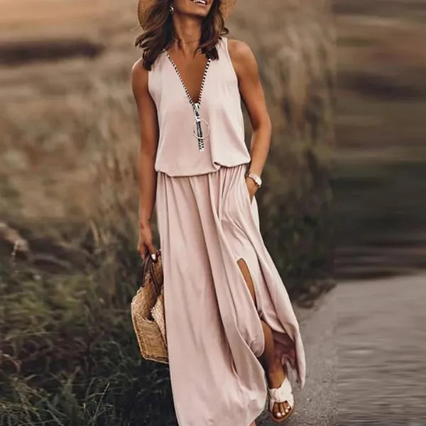 Casual Dresses Long Dress Summer Women Sleeveless Letter Print V Neck Zipper Pocket Split Up Beach Holiday For