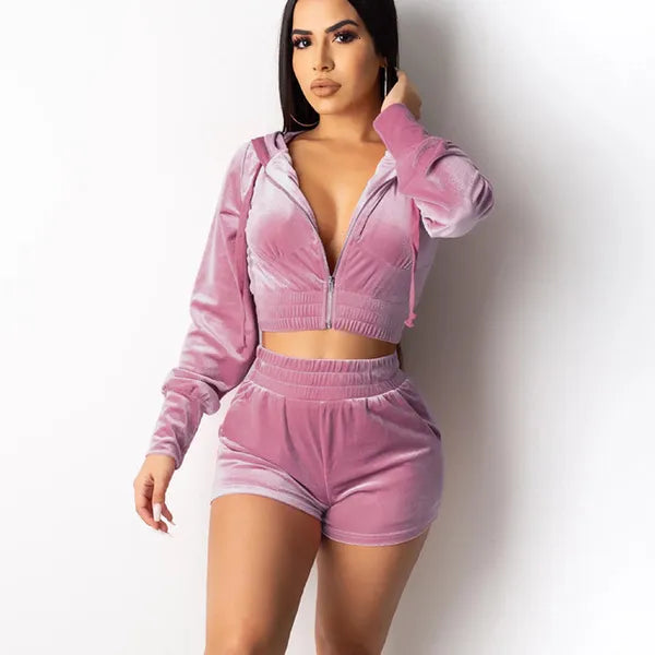 Womens Tracksuits Velour Women Two Piece Set Zipper Hooded Jacket Crop Top With Shorts Suit Juicy Coutour Velvet Sets Outfits 230209