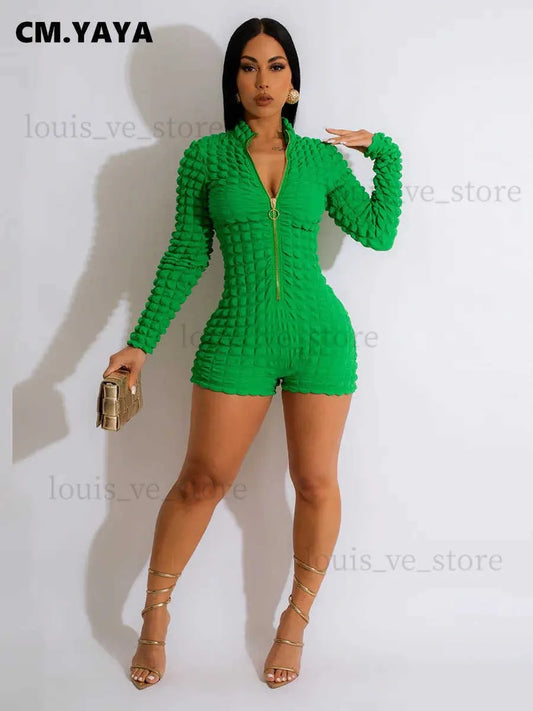 Women's Jumpsuits Rompers CM.YAYA Women Seersucker High Stretch Long Sleeve Zipper Fly Skinny Moto Biker Style Romper and Playsuit INS 2023 One Piece Suit T231202