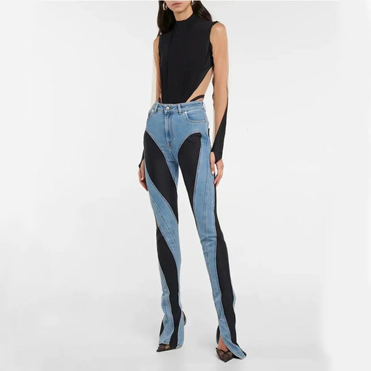 Women's Jeans Women's Spiral TwoColor Spliced Stretch High Waisted Skinny Jeans Leisure Trouser Leg Slit Long Micro Pull The Floor Jeans SL 221118