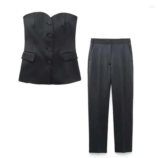 Women's Two Piece Pants KLKXMYT 2023 Women 2 Pieces Sets Fashion Single-Breasted Vest Straight Office Suit Vintage Woman Outfit