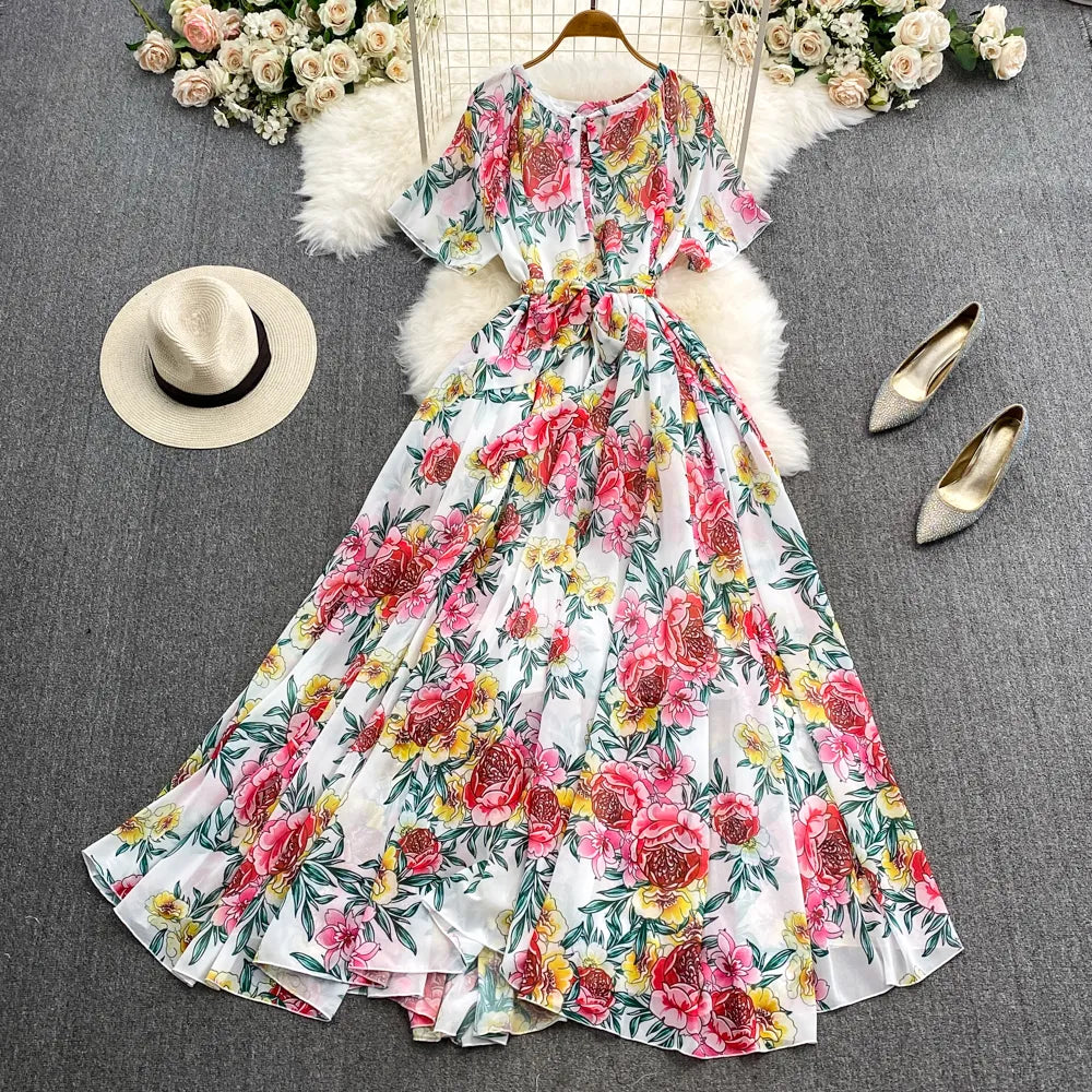 Casual Dresses Summer Bohemian Women Short Sleeve Sashes High Waist Oversize Chic Dress Fashion Floral Loose Pleated A Line Long Dress 2024