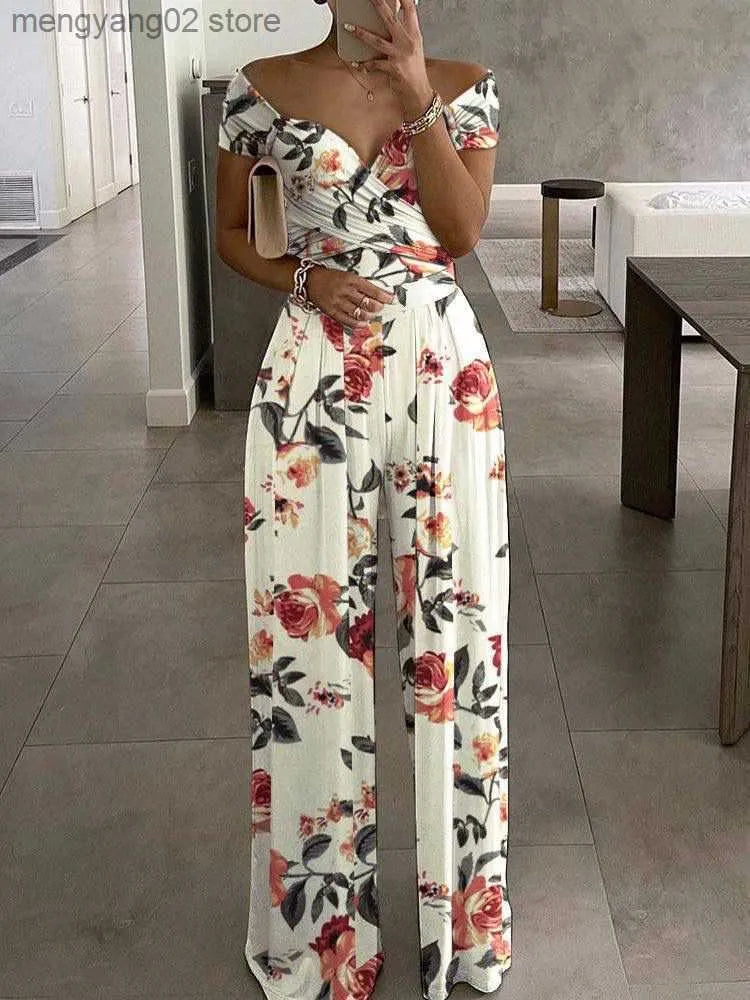 Women's Jumpsuits Rompers Floral Print Jumpsuit Summer Chic Women Straight Party Overalls Y2k Club Romper Elegant Off Shoulder Sleeveless Party Jumpsuits T230504