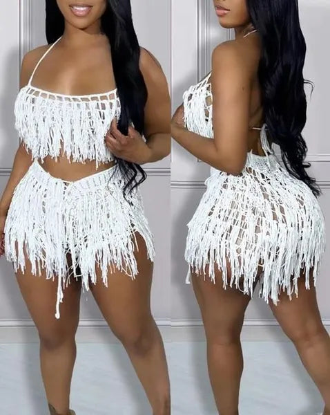 Women's Tracksuits Sexy Womens Two Piece Sets Outfit Spaghetti Strap Crop Crochet Top & Tassel Design Shorts Set Fashion 2023 Summer