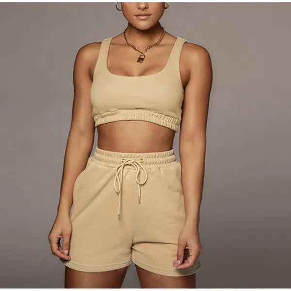 Women's Two Piece Pants Casual Solid Sportswear Two Piece Sets Women Crop Top And Drawstring Shorts Matching Set Summer Athleisure Outfits 230316