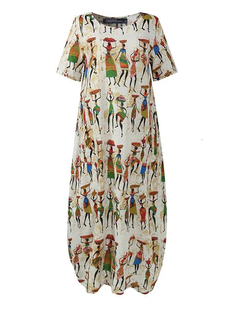 Basic Casual Dresses Women's Summer Sundress ZANZEA Stylish Cartoon Print Maxi Dress Casual Short Sleeve Tunic Vestidos Female O Neck Robe Oversize 230608