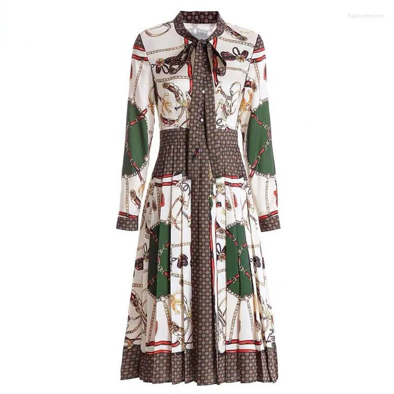 Designer Woman dress Spring Autumn Women's Long sleeve Vintage Print Elegant Bow Pleated Dresses Lady Clothes Slim Vestidos Robe