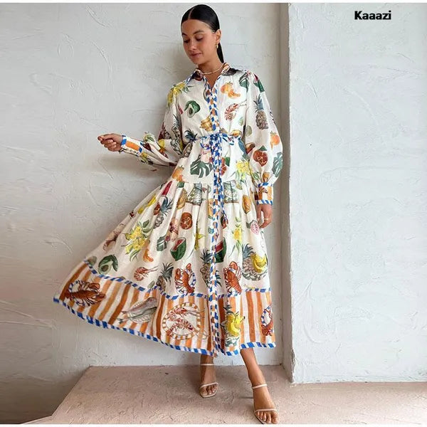 Basic Casual Dresses Polo Neck Printed Vintage Long Dress Princess Sleeves Laceup Big Hem Loose Vestidos Fashion Women Elegant Robe 230823