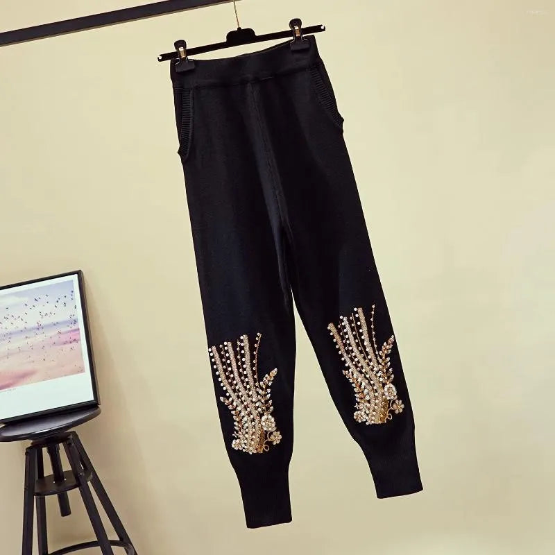 Women's Tracksuits Autumn Womens Beads Embroidery Knitwear Sweater Knitting Pants Two Piece Set Female