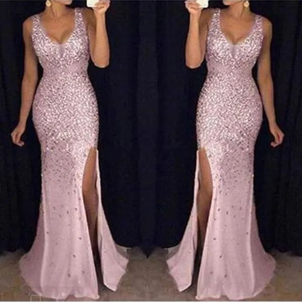 2024 New designer dress Dresses Sexy One Shoulder Sequin Dress Evening Party Women Elegant Solid High Split Backless Wedding Prom Maxi fallow dresses Casual skirt to