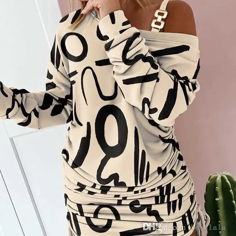 Designer One Shoulder Dresses 2023 Spring Women Plus Size 3XL Clothing New Printed Long Sleeve Skirt