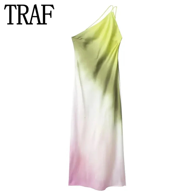 TRAF Tie Dye Long Dress Women Asymmertic Satin Backless Dress Woman Off Shoulder Sexy Evening Party Dresses Midi Summer Dresses 240320