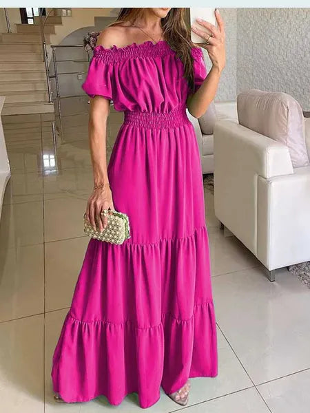 Basic Casual Dresses 2024 Summer Solid Boho Dress Women Fashion Elegant Beach Party Dress Casual Slash Neck Office Maxi Dresses For Woman Robe FemmeL2404