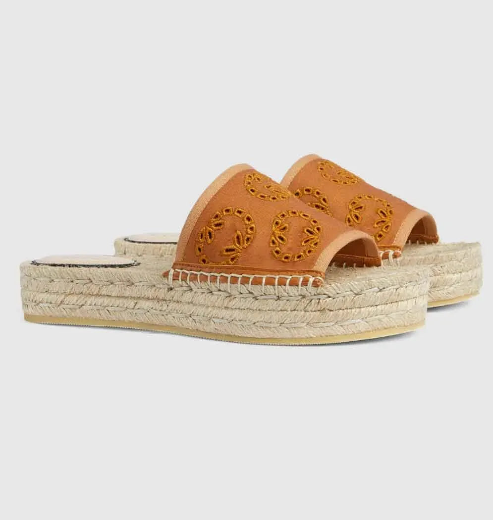 2024SS Brand Womens Interlocking-G Espadrille Sandals Shoes Cord Slide Flats Platform Rubber Bottom Slippers Daily Lady Walking EU35-42