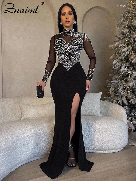 Casual Dresses Znaiml Elegant Wedding Even Mesh See Through Patchwork Long Dress Woman Diamonds Rhinestone Mermaid Prom Formal Birthday