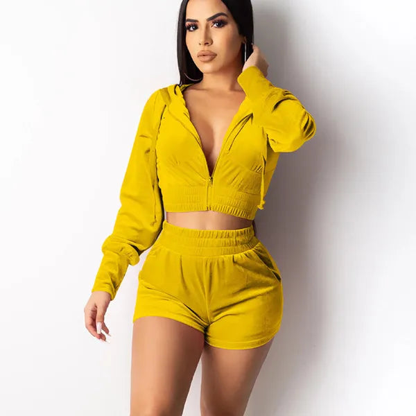 Womens Tracksuits Velour Women Two Piece Set Zipper Hooded Jacket Crop Top With Shorts Suit Juicy Coutour Velvet Sets Outfits 230209