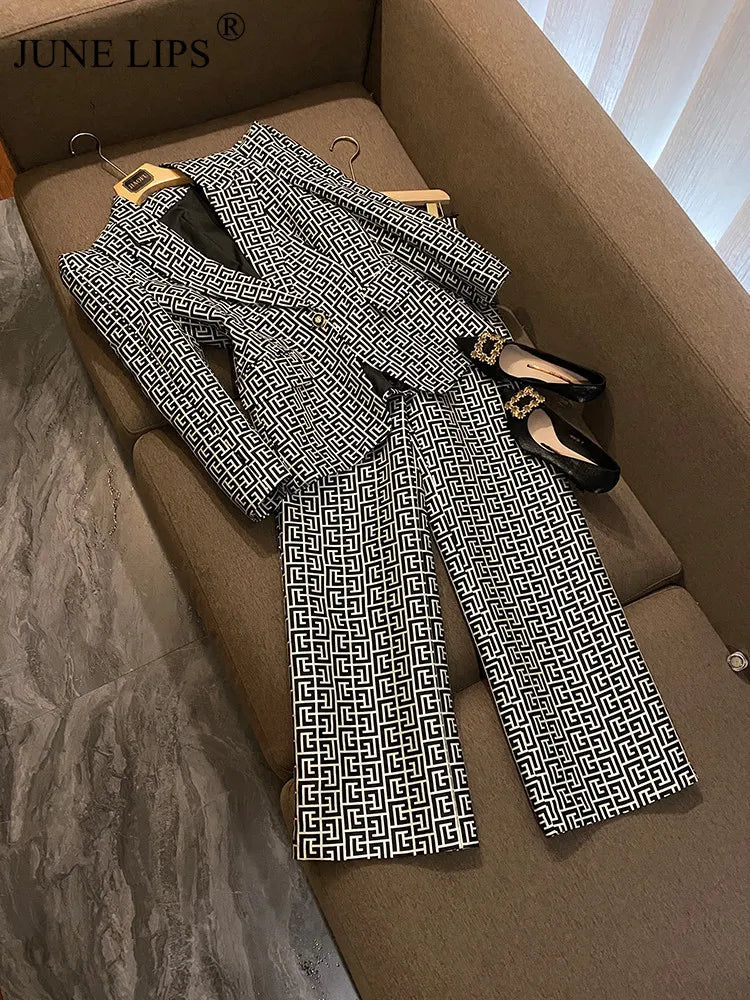 Women's Two Piece Pants JUNE LIPS Brand High Quality Women Embroidery Pattern Long Blazer Elegant Set Designer Suits Wholesale XS-3XL 220924