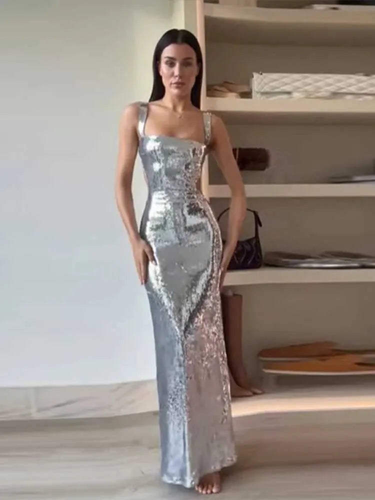 Basic Casual Dresses Sexy Sling Backless Silvery Maxi Dresses For Women Fashion High Waist Bodycon Sleeveless Robes Female Evening Party VestidosL240105