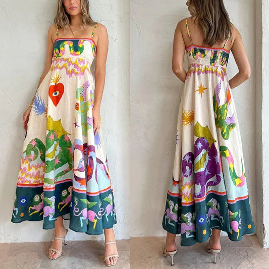 2023 Australian Designer Fancy Womens Long Dress Abstract Pattern Gathered Waist Sleeveless Womens Halter Print Sleeveless Swing Dress