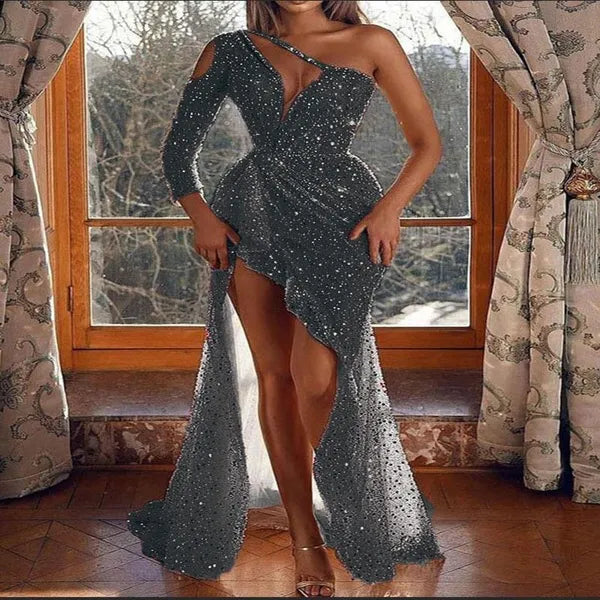 2024 New designer dress Dresses Sexy One Shoulder Sequin Dress Evening Party Women Elegant Solid High Split Backless Wedding Prom Maxi fallow dresses Casual skirt to