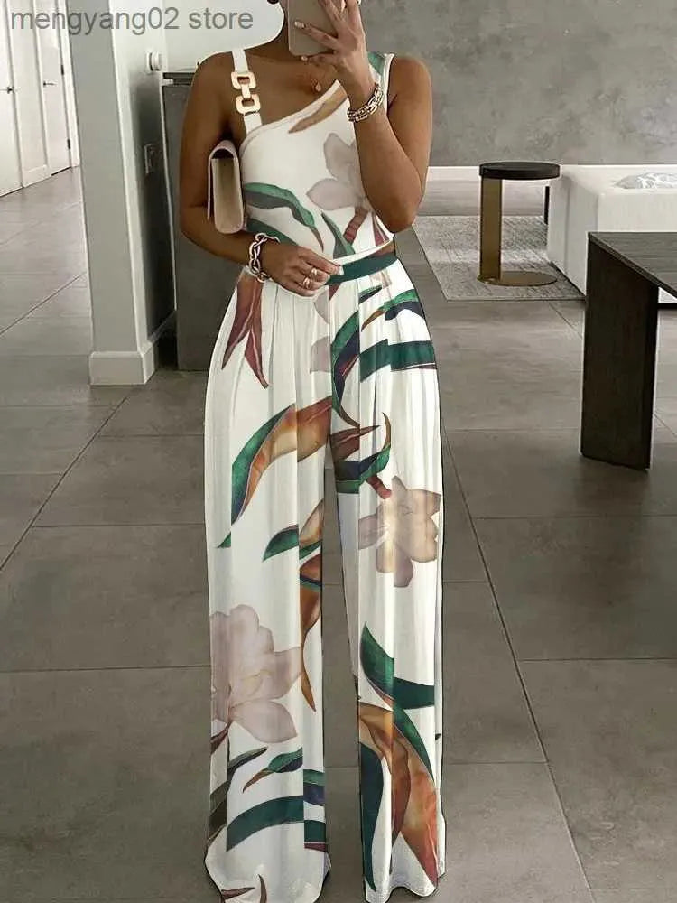 Women's Jumpsuits Rompers Floral Print Jumpsuit Summer Chic Women Straight Party Overalls Y2k Club Romper Elegant Off Shoulder Sleeveless Party Jumpsuits T230504