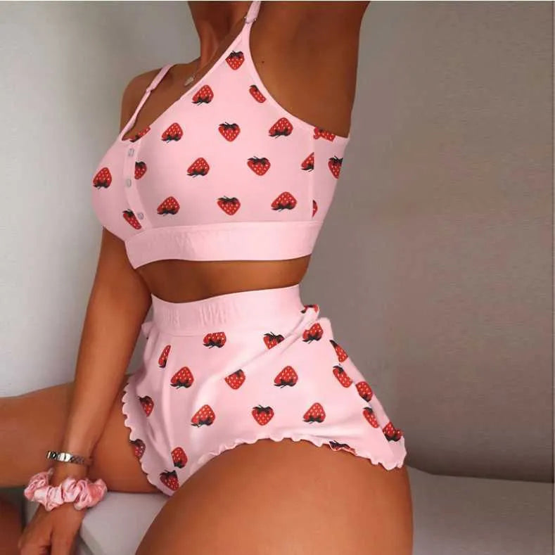 Bras Sets Underwear Set Women Sexy Soft Tank Crop Top Bra Set Cute Strawberry Print Bra Set Lace Seamless Bralette Pajamas Lingerie L230220