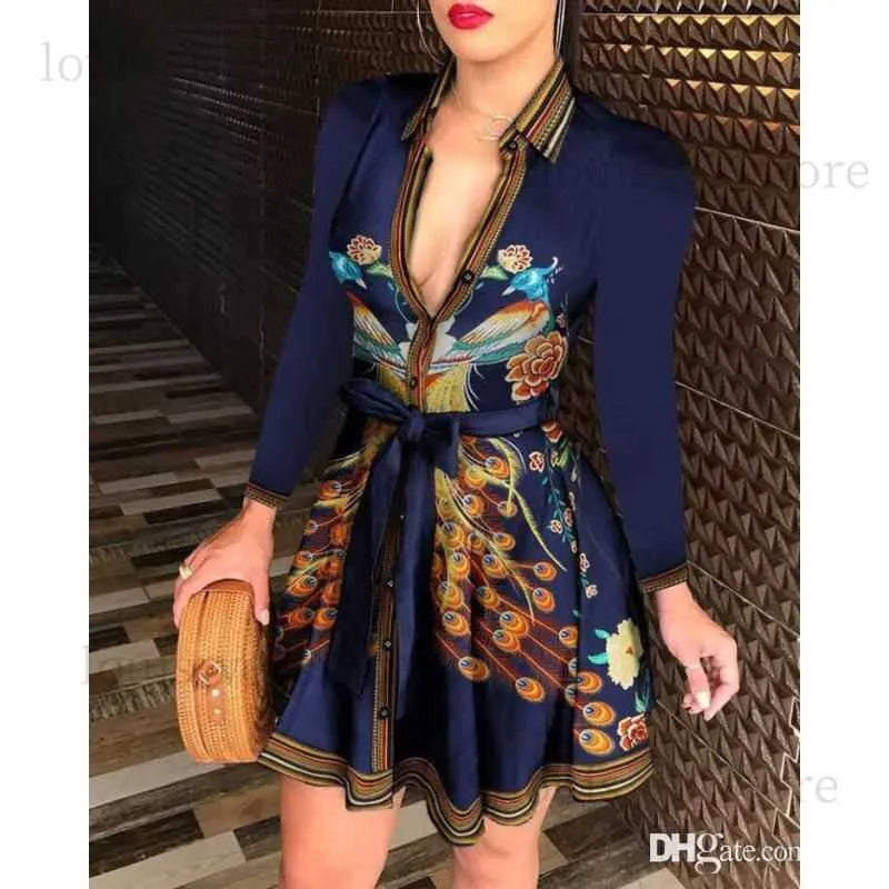 2023 Spring Casual Dresses Plus Size 3XL Women Lace Up Button Down Chain Printed Lapel Neck Party Dress Sexy Bandage Skirt 211 T230808