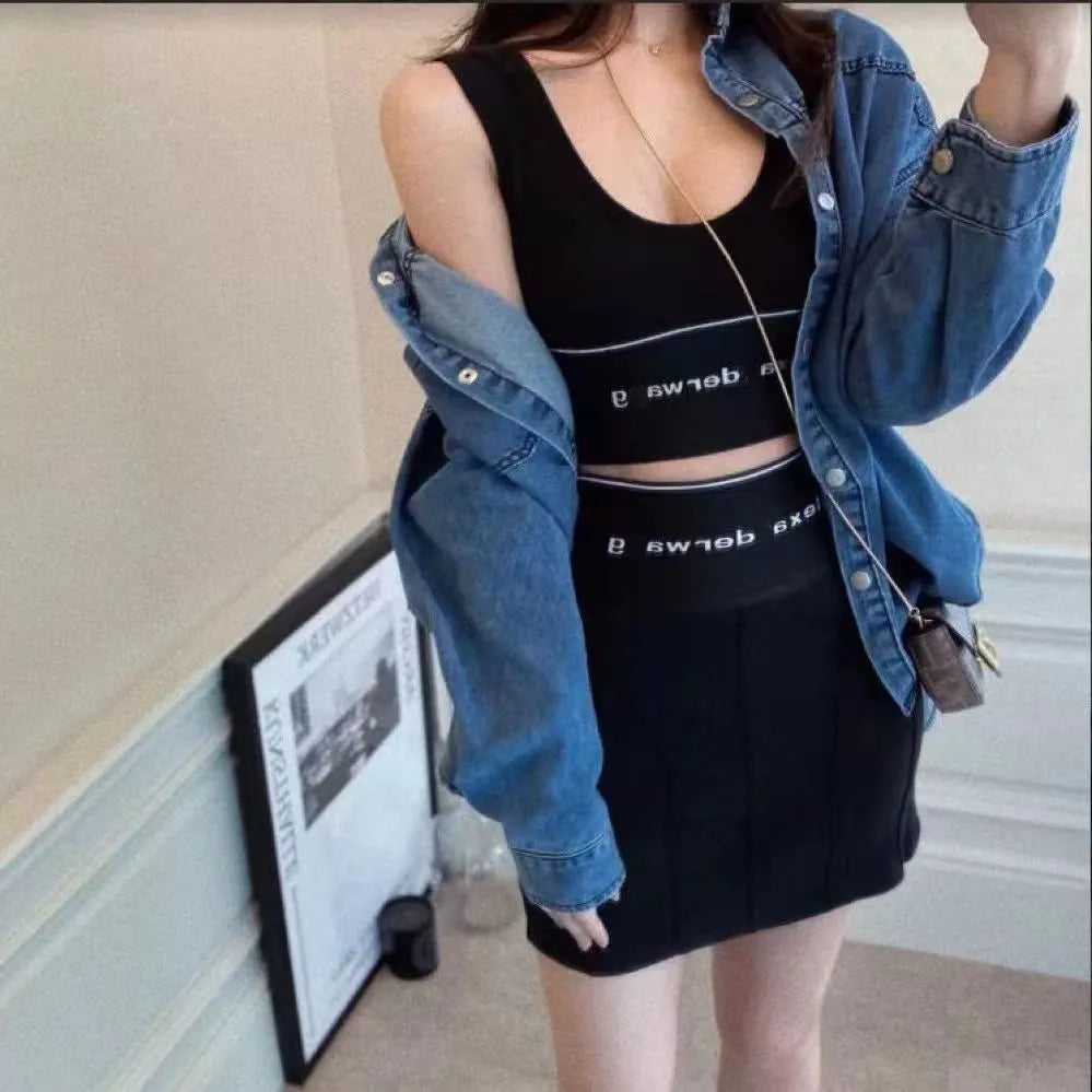 Spring Summer letter vest sports beauty back inside strap sexy designer suit Women zipper wrap buttocks women short skirt Luxury two-piece set