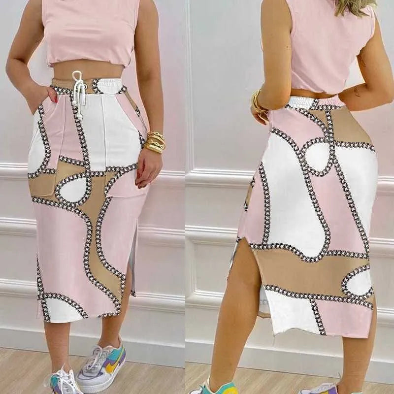 Womens Designer Clothes Casual Track Dresses 2023 New Printed Open Navel Tank Top Split Skirt Two Piece Set