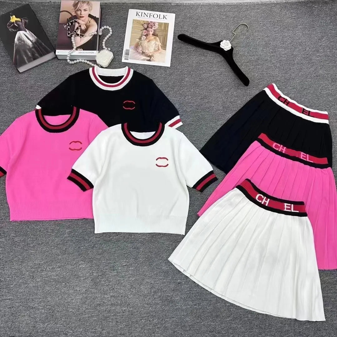 2024 designer summer new letter embroidery round neck short sleeve high quality knitwear + elastic waist pleated skirt two-piece set for women