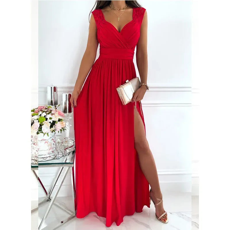 Dress Summer Women's Sexy Pleated Splicing Slit Long Dress Sleeveless Wedding Party Dresses For Women Chic And Elegant Woman Dress