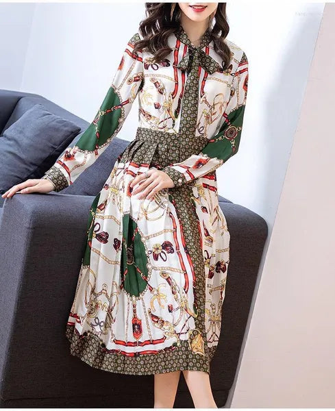 Designer Woman dress Spring Autumn Women's Long sleeve Vintage Print Elegant Bow Pleated Dresses Lady Clothes Slim Vestidos Robe