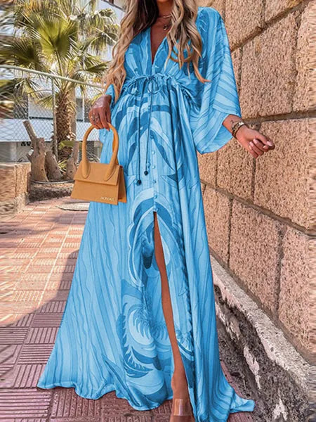 Basic Casual Dresses Summer Print Casual Women Dresses Oversized Holiday Beach Dress Boho Long Cover-Up Dress Female Long Sleeve Loose Tunic Dress 230818