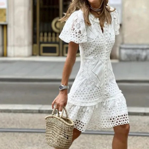 Basic Casual Dresses Women Clothing Lace V Neck Short Sleeve Wrap Hip Dress Fashion Embroidered Button Party Dress White Beach Mini Dresses Vestidos 230519