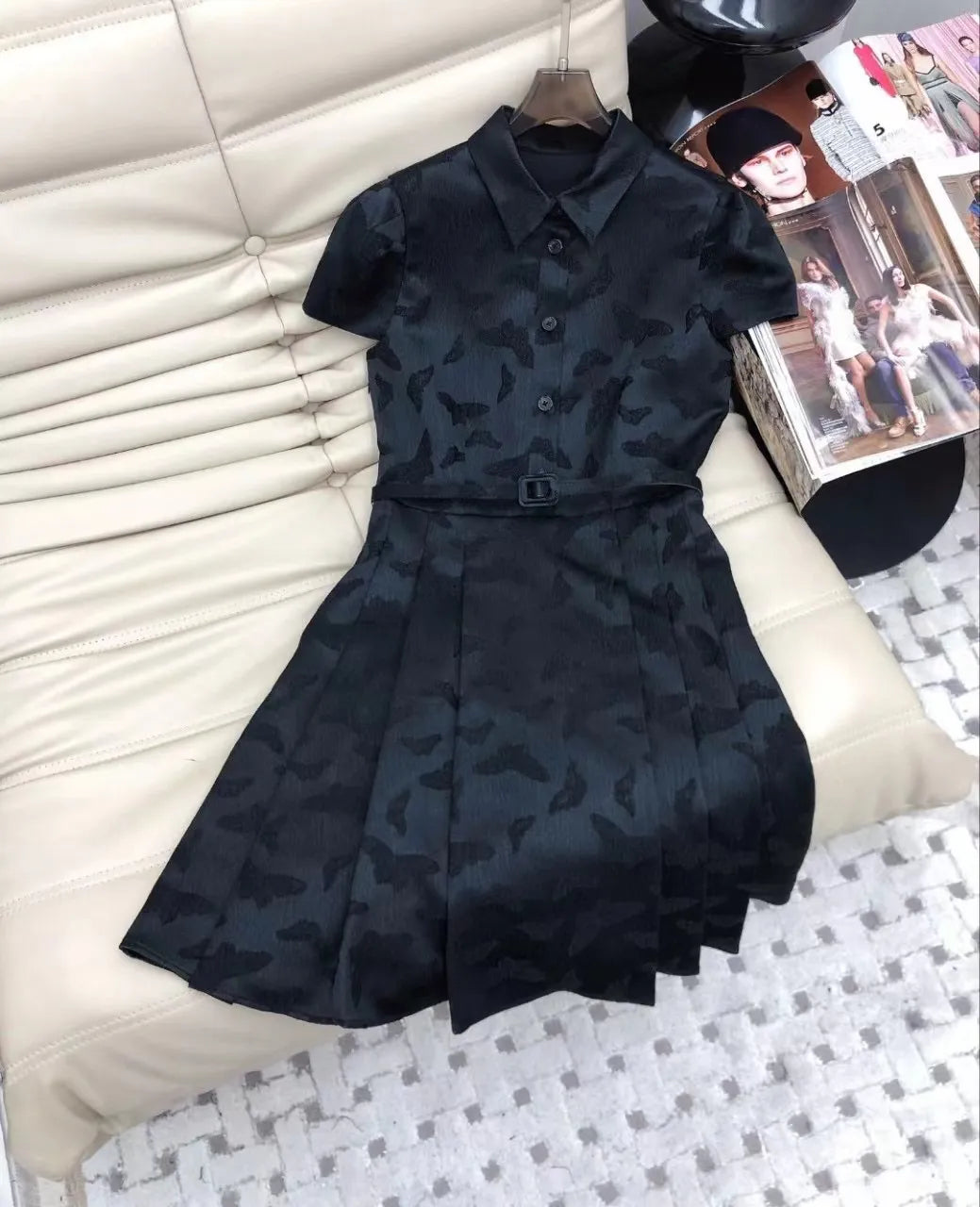 2024 Black/White Spring Short Sleeves Lapel Neck Buttons Print Belt Women Dress Designer High End Womens Runway Dress 31409