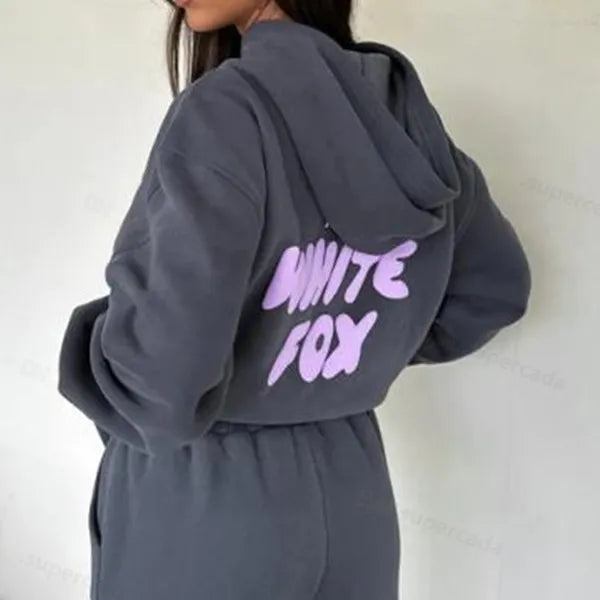 Sweatshirts WF-Women Women's Hoodies Letter Print 2 Piece Outfits FOX Cowl Neck Long BLACK WHITE Sleeve Sweatshirt and Pants Set Tracksuit Pullover Hooded Sports suit