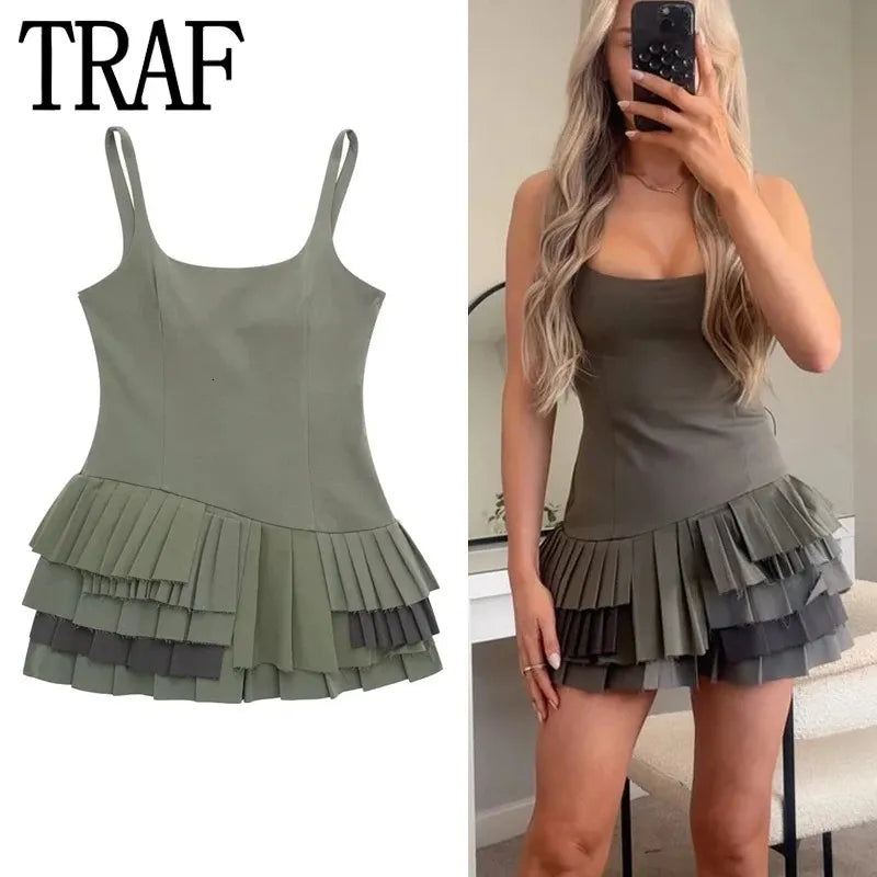 TRAF Women Sleeveless Slip Mini Dress Woman Pleated Ruffle Bodycon Asymmetric Backless Sexy Short Party Dresses 240321