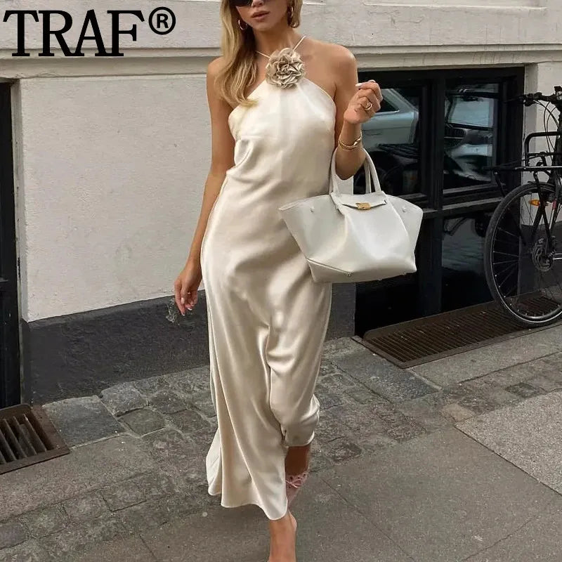 TRAF Flower Halter Dress Woman Off Shoulder Satin Long Dress Women Backless Sexy Evening Dresses Summer Party Dresses For Women 240408