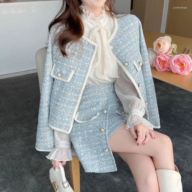 Small Fragrance Tweed Two Piece Set Women Crop Top Short Jacket Coat & Irregular Skirt Suits Autumn Winter Vintage 2 Piece Sets