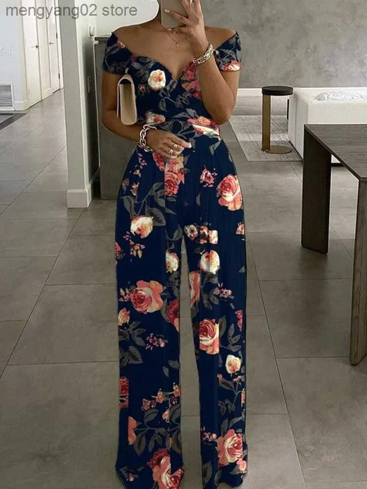 Women's Jumpsuits Rompers Floral Print Jumpsuit Summer Chic Women Straight Party Overalls Y2k Club Romper Elegant Off Shoulder Sleeveless Party Jumpsuits T230504