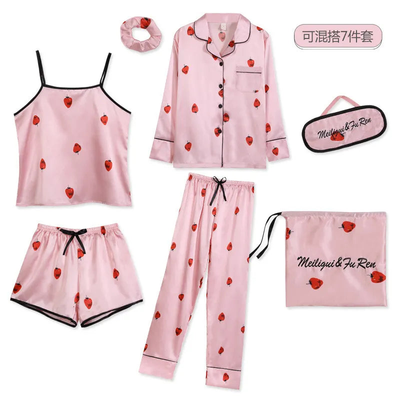 Womens Sleepwear Strap Pyjamas 7 Pieces Pink Pajamas Sets Satin Silk Lingerie Homewear Set Pijamas For Woman 221118 1