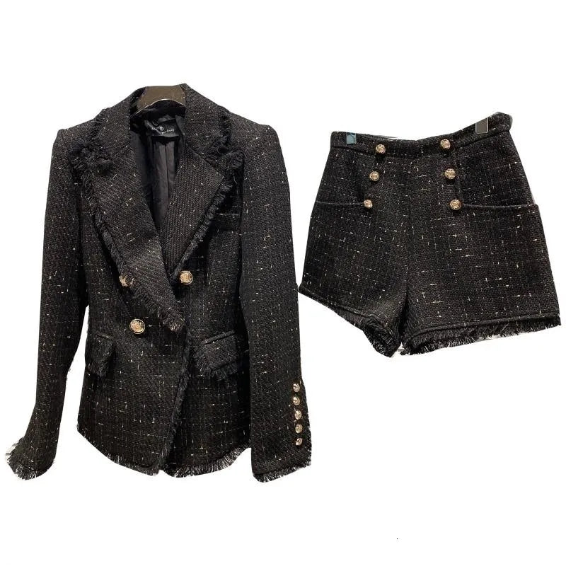 Womens Two Piece Pants Fall Winter Turn Down Collar Double Breasted Metal Buttons Slim Blazer Tweed Shorts Set Women GC658 230320