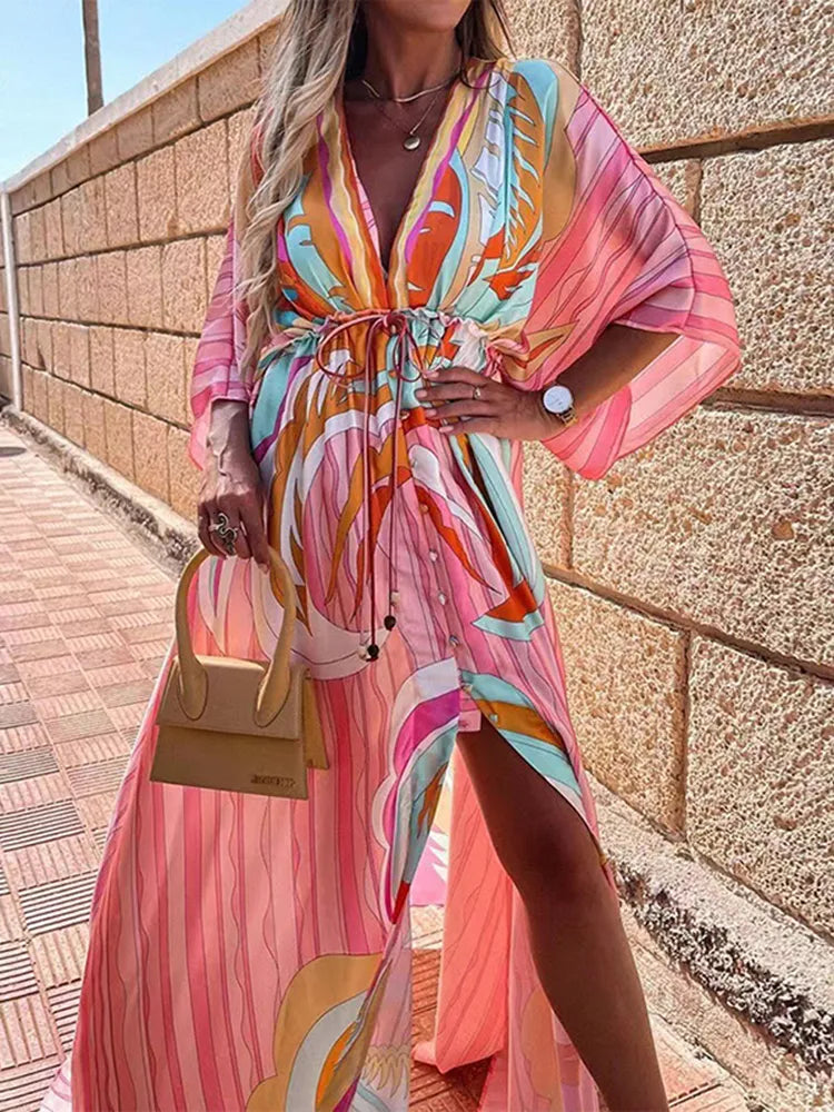 Basic Casual Dresses Summer Print Casual Women Dresses Oversized Holiday Beach Dress Boho Long Cover-Up Dress Female Long Sleeve Loose Tunic Dress 230818